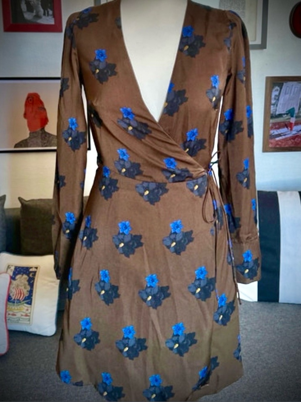 Mango Cocoa Brown Real Wrap Dress with Blue Floral Accents 3/4 Sleeve